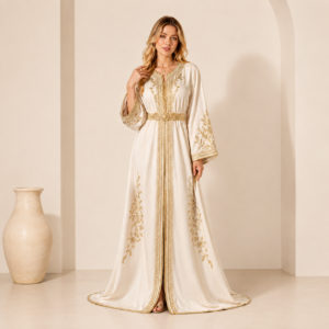 Elegant White Moroccan Caftan with Gold Embroidery