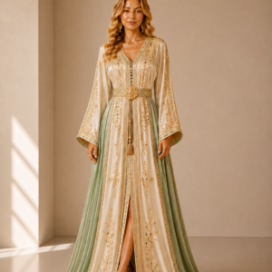 Sahara Pearl – Ivory & Sage Moroccan Caftan