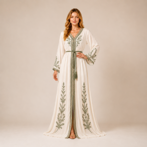 Ivory Moroccan Caftan with Sage Green Botanical Embroidery and Tassel Belt
