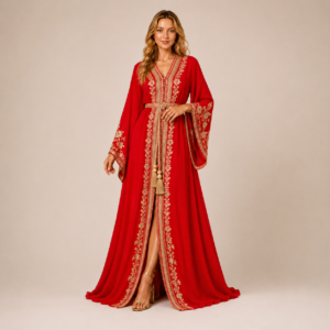Radiant Red Moroccan Caftan with Golden Floral Embroidery and Tassel Belt