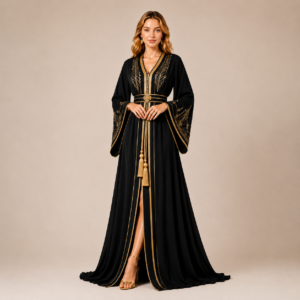 Elegant Black Moroccan Caftan with Geometric Gold Embroidery and Tassel Belt