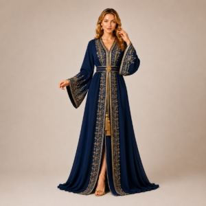 Midnight Blue Moroccan Caftan with Gold Botanical Embroidery and Tassel Belt