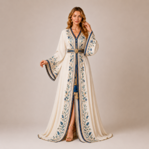Ivory Moroccan Caftan with Blue Botanical Embroidery and Tassel Belt