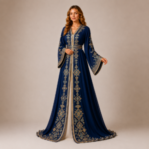 Royal Navy Moroccan Caftan with Gold Geometric Embroidery and Flowing Sleeves