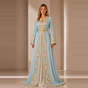 Sky Blue Moroccan Caftan with Blush Rose Embroidery and Golden Details