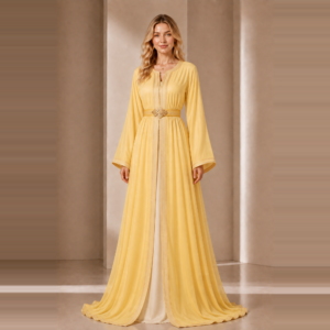 Elegant Sunshine Yellow Moroccan Caftan with Delicate Golden Trim and Belt