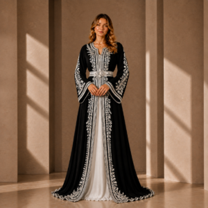 Royal Black Moroccan Caftan – Handcrafted Ivory Embroidery