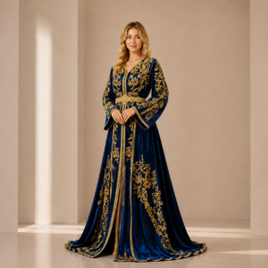 Sapphire Elegance – Moroccan Caftan with Gold Details