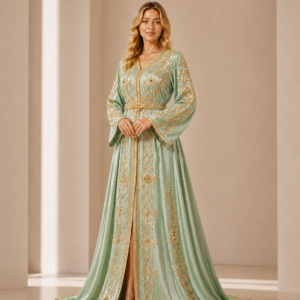 Golden Sage – Moroccan Caftan with Delicate Embroidery