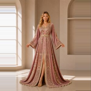 Antique Rose – Moroccan Caftan with Fine Embroidery