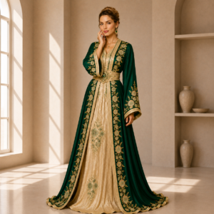 Emerald Royale – Ivory & Gold Moroccan Caftan