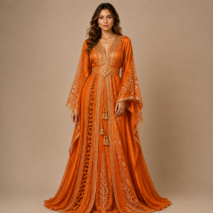 +Golden Saffron – Embroidered Orange Moroccan Caftan