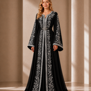 Midnight Vine – Black Moroccan Caftan with Ivory Embroidery