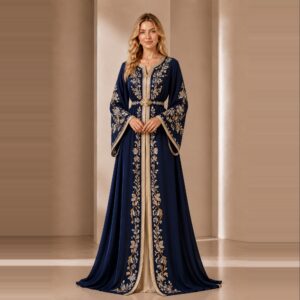 Midnight Blossom – Navy Moroccan Caftan with Golden Embroidery